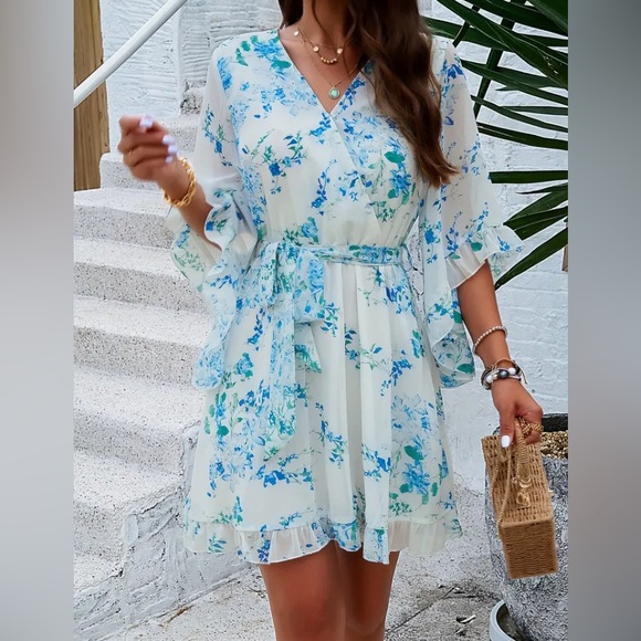 Floral V-Neck Belted Summer Dress - Picture 1 of 6